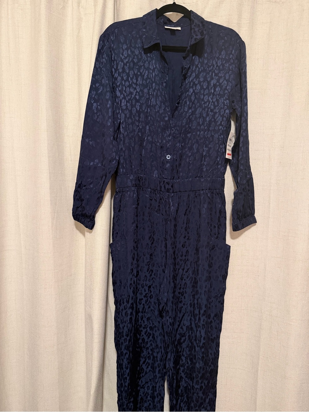Textured Navy Long-Sleeve Jumpsuit with Elastic Waist